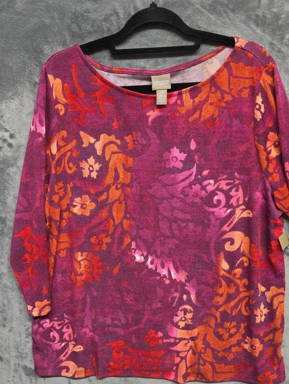 Chico's Fuchsia Pink & Orange Floral Boatneck Long Sleeve Top